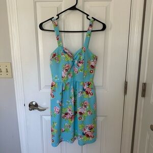 Blue Summer Dress with Pink and Green Floral Pattern